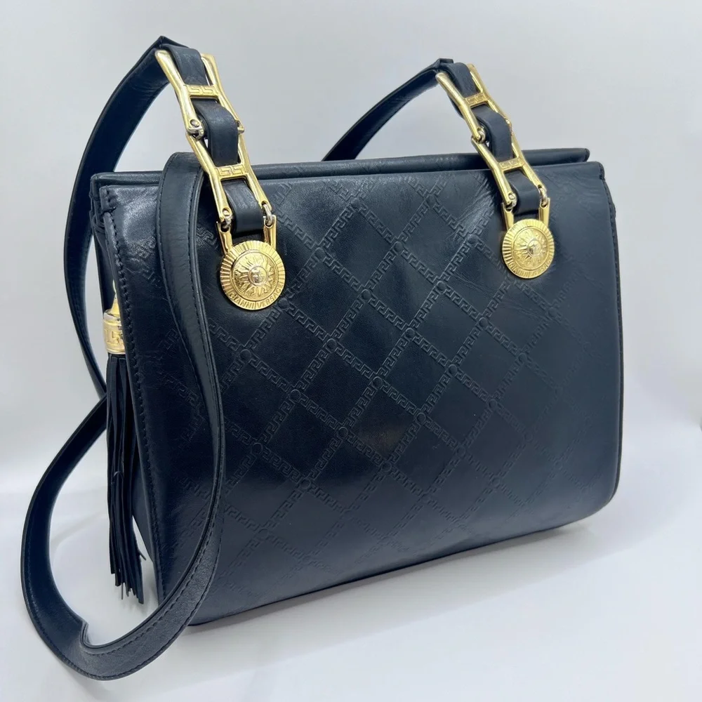 Authentic VERSACE Vintage Black Leather Zip Shoulder Bag Purse W/ Tassel